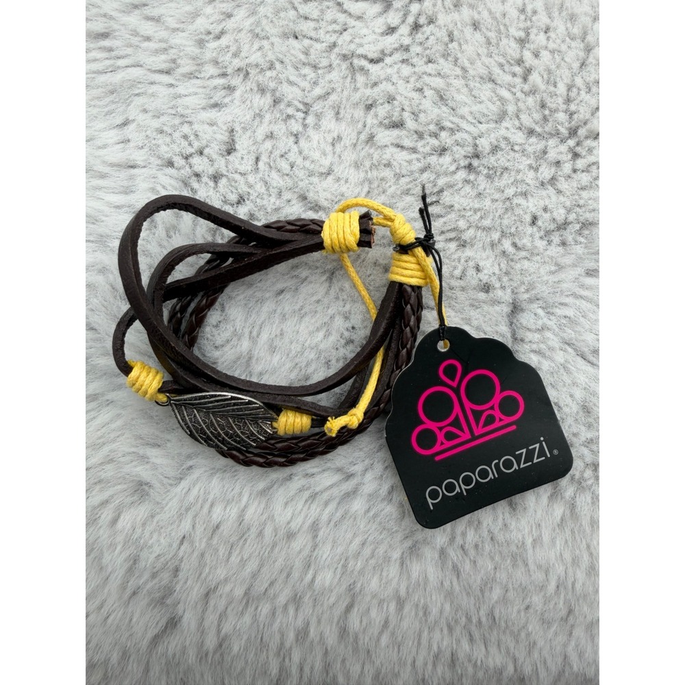 Paparazzi Bracelet Brown Yellow Faux Leather Leaf Charm Braided Cord Boho NWT